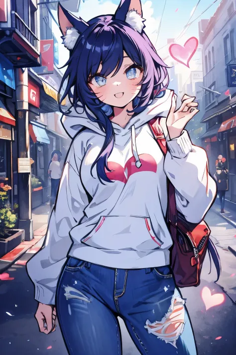 Ahri wearing a casual light grey hoodie,short jeans, beautiful detailed eyes, smiling face, longeyelashes, her tails forming a heart shape behind her, standing on a sidewalk, sun shining, vivid colors, photo-realistic, portraits, medium:illustration. (best...