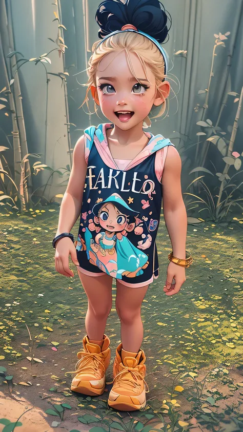 a close up of a child wearing a bodysuit and shoes, cute girl wearing tank suit, katelynn mini cute style, inspired by Hercules Seghers, posing in leotard and tiara, disney inspired, fearless, fierce expression, adorable design, perfect intricate, inspired...