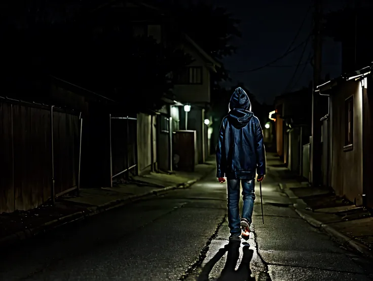 Midnight，On dimly lit streets，A boy in jeans and a hood walks along the road，His clothes are wrapped tightly around him.。Dim lighting，The boy&#39;s shadow appears even smaller。Few houses around，Only his back can be seen。In contrast to the bleak environment...