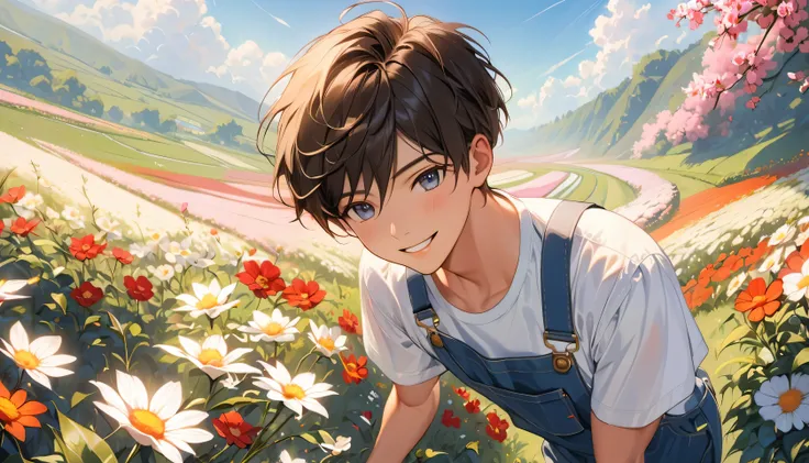 1boy, ((young boy)), (solo), friendly smile, squinting smile, (flat chest), standing in a field of flowers, (overalls, shorts-type overalls), (overalls only, short shirt), from front, bending forward, (smelling flowers: 1.2), ((very short hair, pixie cut h...