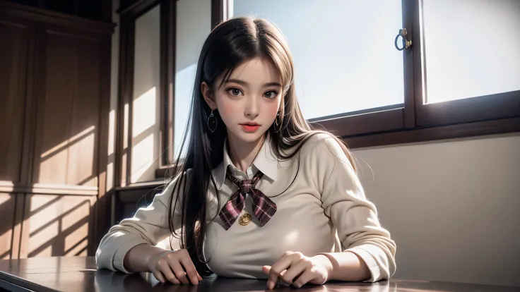 ((Girl lying on dressing table in classroom)),Top quality work、Actual Work、Ultra Premium Graphics、8K HD CG Works、High Quality Graphics、High resolution CG work、10x pixels、extremely fine details:1. 1、Advanced technical details:1.1 Photorealistic、Natural Ligh...