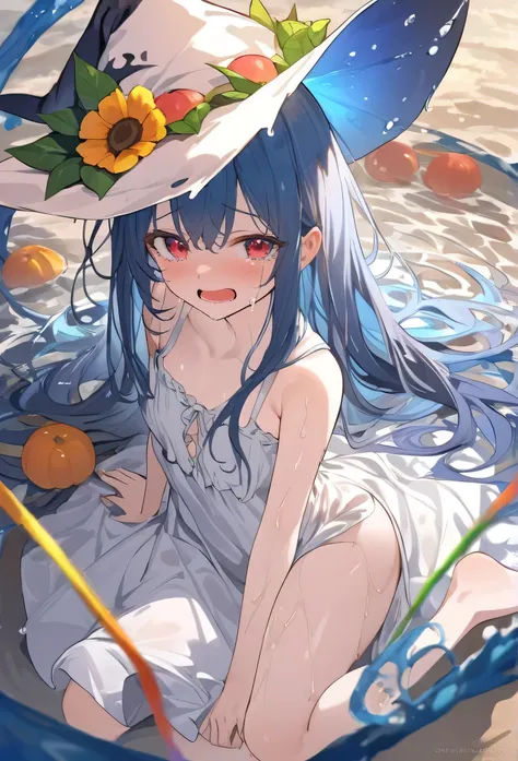 Masterpiece, quality, best quality, official art, beautiful and finicky, extremely detailed (Fractal Art 1.2), colorful, most detailed, a girl, long dark blue hair, long blisters, bright red eyes, pale albinism, barefoot, wearing a plain white summer dress...