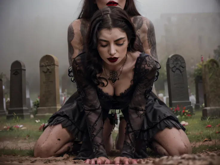 Beautiful 20 year old woman and her man fucking her in the ass , with short messy wavy black hair, wearing a red corset with black accents and large black cloak, (( fine detailed five fingers long black gloves)) she is completly on her knees to the muddy g...