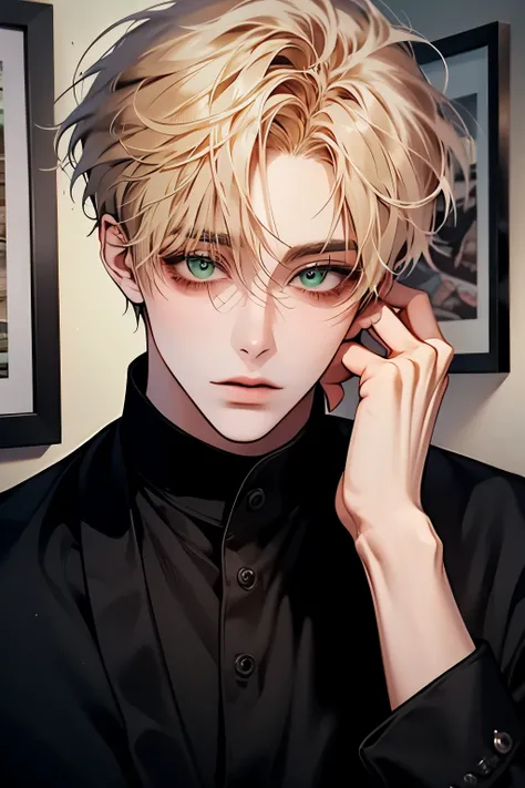 High quality, painting, pixiv illustration, Beautiful 40 year old man, blonde hair,green eyes, short hair, white shirt,black pants, detaol beautiful room, beautiful face,cowboy shot,고해상도, 걸작, 높은 디테일, 고화질 모델, 