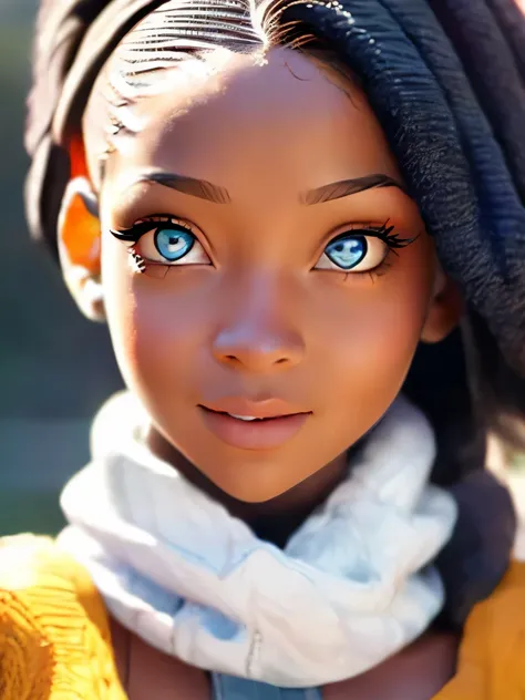 a close up of a young girl with a scarf on, a photorealistic painting by Nadir Afonso, trending on cgsociety, afrofuturism, beautiful eyes!!, beautiful eyes!, she has white eyes!!!, beautiful open eyes, amazing eyes, beautiful face!, beautiful face!!, perf...