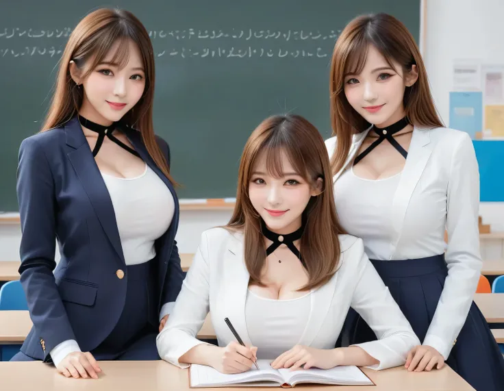 Score_9, Score_8, Score_8upScore_7, Best Quality、masterpiece、Group of students、(White tight shirt、Navy Blazer、Female student)), Large Breasts, ((Layered Haircut)), Slender body, Slim face（8k，Best Quality），Shooting from a medium distance,  Adorable， smile， ...