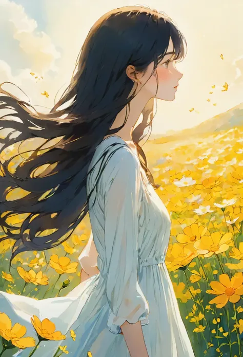 Watercolor, Light color.Beautiful colors, Perfect Anatomy, cute, profile, standing gracefully among vibrant yellow cosmos flowers, her long black hair flowing in the breeze. She is wearing a simple white sundress that contrasts beautifully with the yellow ...