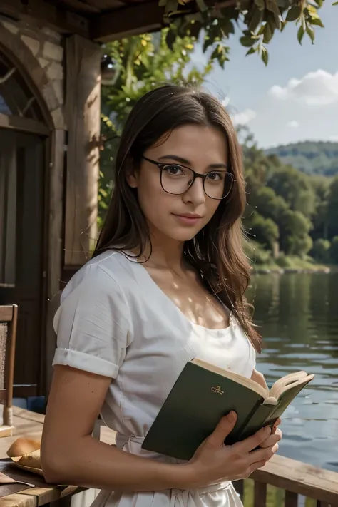 ((meilleure qualité)), ((chef-dœuvre)), 1fille, réaliste, olive skin tone, cute face, pretty face, glasses on nose, small height, closed mouth, in front of a lake, reading a book, large resolution