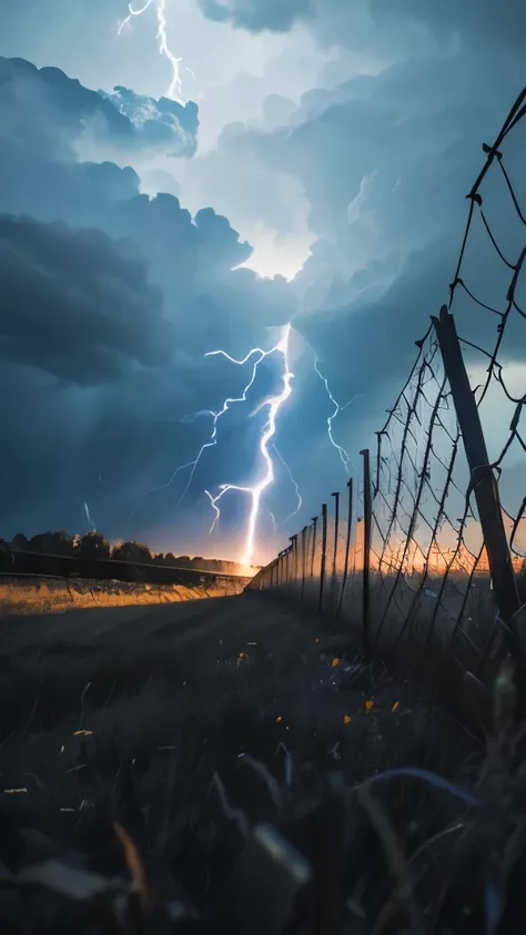 a close up of a fence in a field with a storm in the background, thunder storm and forest on fire, thunderstorm outside, during a thunderstorm, with thunderstorms, weather photography, thunderstorms, thunderstorm, magic storm and thunder clouds, stormy wea...