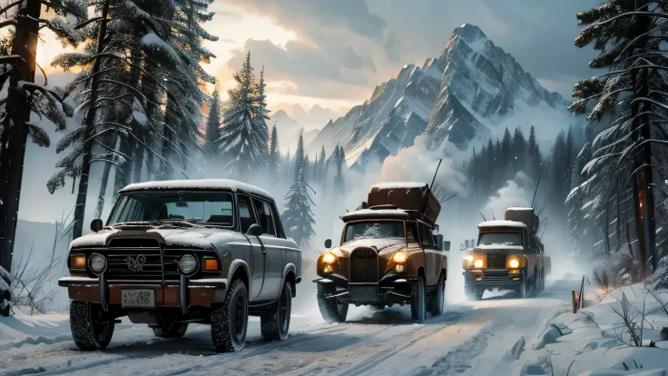 Dramatic lighting, overcast, dense snowy forest, three rusty and retrofitted vehicles, crazy vehicles, old-fashioned, carrying mangonel, mudguards, anarchic, vintage, belching smoke, weapons, armour, speeding along as a convoy, snowy treeline at the edge o...