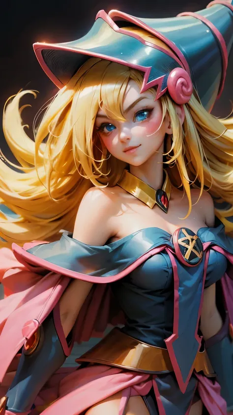 Beautiful face of dark magician girl, blue eyes. beauty. Long blondhair. exposed shoulders, angelic smile, beautiful well detailed face of dark magician gils. blowing a kiss. sexy kiss
