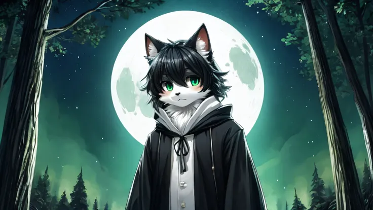 ((best quality)), ((masterpiece)), (detailed), 1boy, domestic cat, fluffy, black and white fur color, blue and green eyes, full body, white half golden hoodie, black pants, forest nature background, black and white hair, fluffy, very fluffy fur, kemono, si...