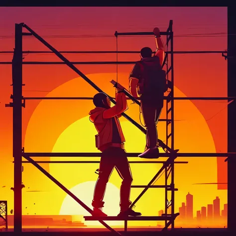 arafed silhouette of two men on scaffolding against a setting sun, scaffolding, workers, screenshot from the 1983 film, scaffolding collapsing, youtube video screenshot, movie screen shot, video still, still from a music video, still from a terence malik f...