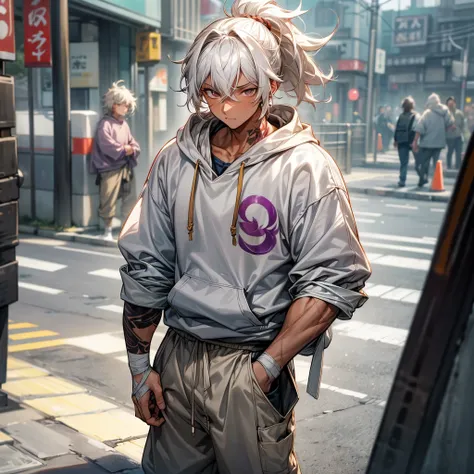 1male, young teen, tan skin, finely detailed plum eyes, messy ponytail, wild medium hair, seashell white hair color, hoodie, baggy pants, standing on street, day time, tokyo streets, calm expression, muscular, tattoos, bandages around arm