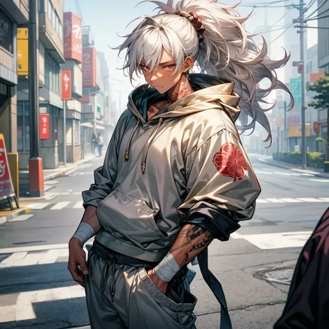 1male, young teen, tan skin, finely detailed plum eyes, messy ponytail, wild medium hair, seashell white hair color, hoodie, baggy pants, standing on street, day time, tokyo streets, calm expression, muscular, tattoos, bandages around arm