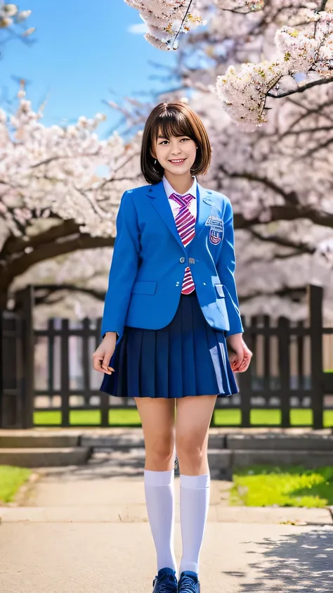 (photo realistic:1.4), (hyper realistic:1.4), (realistic:1.3), (smoother lighting:1.05), (Improve the quality of cinematic lighting:0.9)、natural light、Cherry blossom trees in full bloom、A girl in a uniform standing in front of the school gate、美しいhigh schoo...