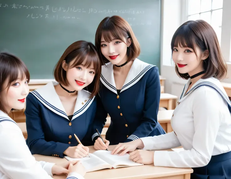 Score_9, Score_8, Score_8upScore_7, Best Quality、masterpiece、Group photo, Female student and female teacher, ((Female students in sailor suits, Slender body, Slim face, Adorable, smile, Brown Hair, Short Bob Hair, Black Choker, Almond Eye, bangs, Very thic...