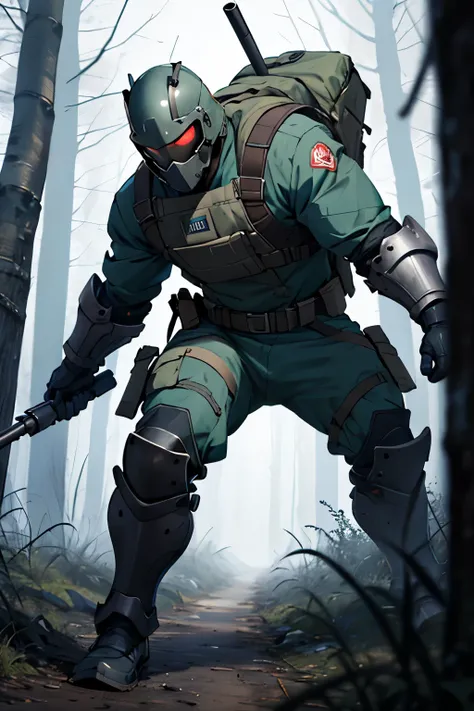 Man, stalker, in battle suit, armored vest, наколленики, налокотники, twohanded assault rifle, AK-74m, in battle pose, Chernobyl atmosphere, forest, dark, masterpiece quality of image, best work, 8k, HD, проработка деталей, детализация объектов, реалистичн...