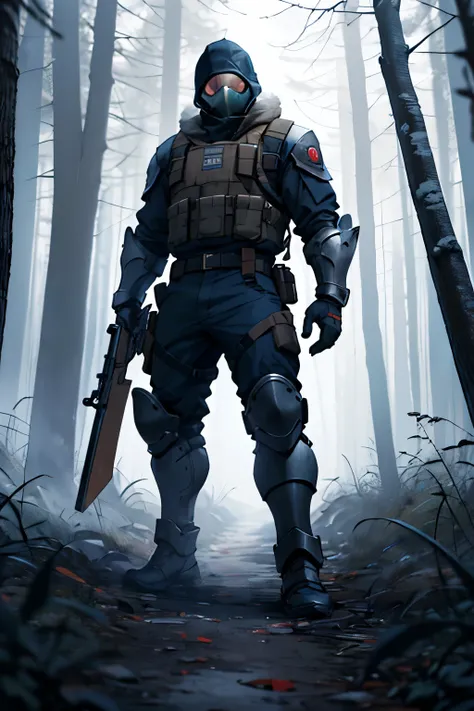 Man, stalker, in armored suit, armored vest, наколленики, налокотники, weapon in hands, AK-74m, in standing pose, Chernobyl atmosphere, forest, dark, masterpiece quality of image, best work, 8k, HD, проработка деталей, детализация объектов, реалистичность ...