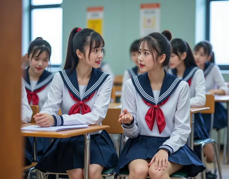 (masterpiece, best quality:1.2), multiple girls , wearing sailor uniform, sitting in the classroom with friends, view from cctv ...