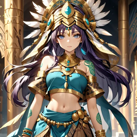 (extremely delicate and beautiful detailed pale face.)4k, HDR, full HD, deep purple hair, shiny and oily skin, The image shows a warrior or priestess in ceremonial or ritualistic attire. She wears an exotic ensemble of brown and gold tones, adorned with tu...