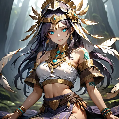 (extremely delicate and beautiful detailed pale face.)4k, HDR, full HD, deep purple hair, shiny and oily skin, The image shows a warrior or priestess in ceremonial or ritualistic attire. She wears an exotic ensemble of brown and gold tones, adorned with tu...