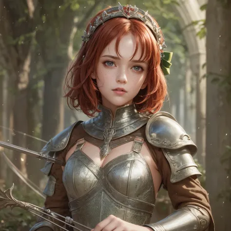 best quality, masterpiece, ultra high res, portrait, (photorealistic: 1.4), raw photo, 1girl, short red hair, realistic hair, panties, detailed face textures, girl, medieval, light armor, wood detail (archer), short red hair, (ultra realistic hair), (ultra...