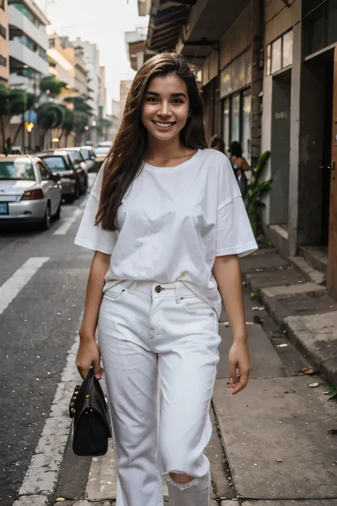 a young 25 year old brazilian girl, on the streets of são paulo, wearing a loose, plain white oversized t-shirt, wearing loose jeans without prints, smiling at the camera, perspective view, natural daylight.