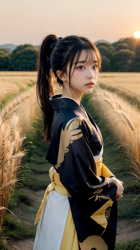 a girl in a kimono with a blank look stands waist-deep in a field of wheat, a black kimono with gold edges, her hair is tied in ...