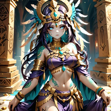 (extremely delicate and beautiful detailed pale face.)4k, HDR, full HD, deep purple hair, shiny and oily skin, The image shows a warrior or priestess in ceremonial or ritualistic attire. She wears an exotic ensemble of brown and gold tones, adorned with tu...