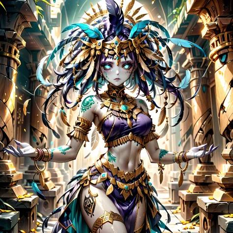 (extremely delicate and beautiful detailed pale face.)4k, HDR, full HD, deep purple hair, shiny and oily skin, The image shows a warrior or priestess in ceremonial or ritualistic attire. She wears an exotic ensemble of brown and gold tones, adorned with tu...