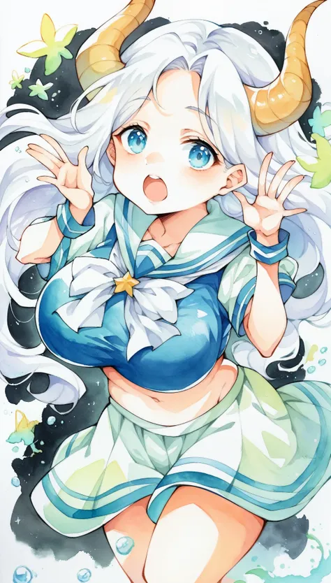 score_9, score_8_up, score_7_up, score_6_up, score_5_up, score_4_up, 1 girl, Alone, watercolor(medium), white hair, horn, Open mouth slightly, Sailor Suit, Floating in the air,big  breasts, Delicate blue eyes like the sea, 俯视视horn, Black background.