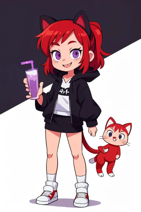 Girl with red hair and cat ears and a white tail in a black sweatshirt and a white skirt, black sneakers and white socks, purple eyes, smiling, holding juice in her hand 
