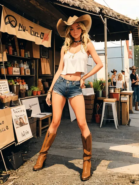 teenage girl-model 1, beautiful, tanned, blonde, medium hair, pretty eyes, beautiful figure, girl wearing cowboy boots, beautifu...