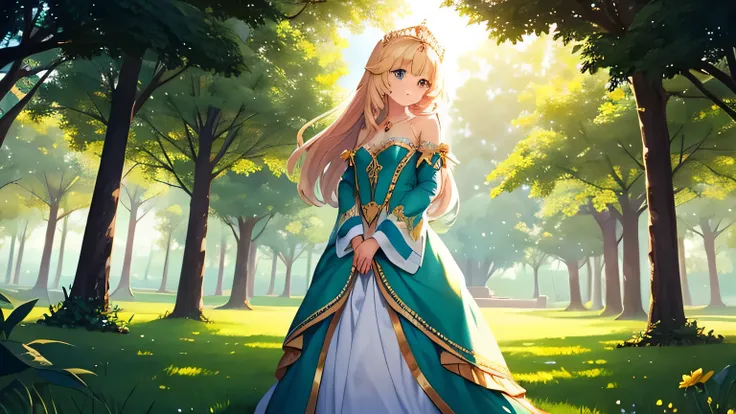 Create an image of the youngest princess, more beautiful than her sisters, standing in sunlight. The suns rays reflect off her face, showing her grace and radiance. She is standing in a lush green garden outside a magnificent royal castle. Make her elegant...