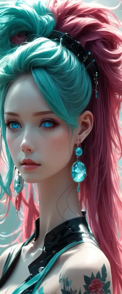 centered image, anatomically correct, raw photo、realistic、Oriented to the realistic、hair accessories、Earrings、tattoo、godo_punk, 1 girl, alone,、of the highest quality, realistic, Super delicate illustration, Beautiful and attractive girl, Miku Hatsune, slim...