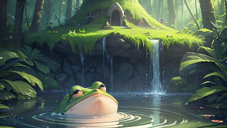 A frog emerges from the well. Its thick, ugly head stretches out from the water as it looks up at the weeping princess. The water ripples around it, reflecting its distorted form. The scene should capture the princess’s surprise and slight disgust at seein...