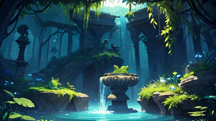 The frog dives into the deep, dark water of the well, surrounded by mysterious shadows and rippling waves. In the background, the princess watches anxiously as the frog retrieves her golden ball. The well is ancient and overgrown with vines, adding a touch...