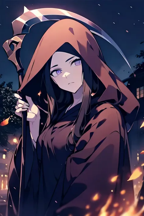 masterpiece, super details, best quality, beautiful girl, reaper, holding scythe, robe, expressionless, night, street