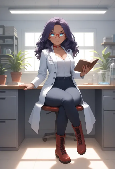 brilliant scientist, young female, dark brown skin, freckled face, heavy freckles, icy blue eyes, mystic purple hair, wavy hair, shoulder-length hair, cleavage, perfect ass, great hips, C-cups, Perfect breasts, shapely figure, white lab coat, lab coat with...