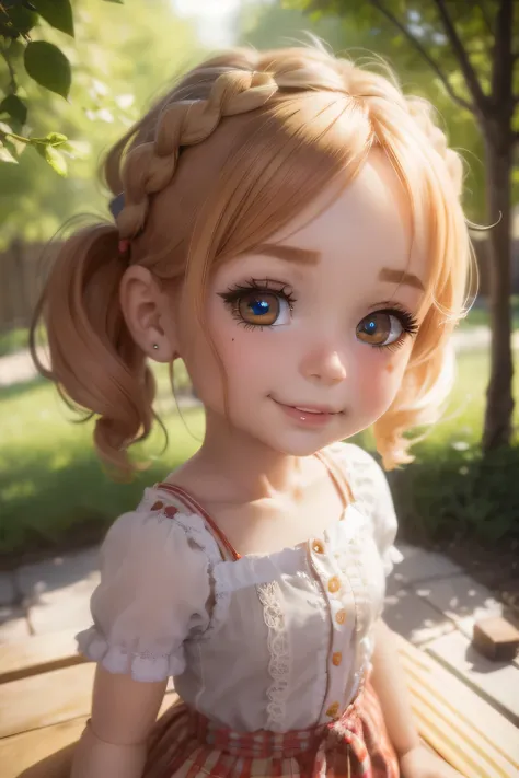 photorealistic、chibi girl doll（apple-themed clothing、have a magic wand、smile）,8k, photorealistic, beautiful detailed eyes, beaut...