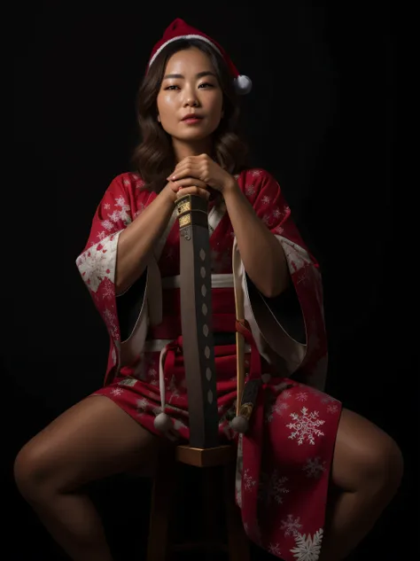 arafed woman in a red kimono sitting on a stool, she is holding a katana sword, unsheathing her katana, posing with a sword, kat...