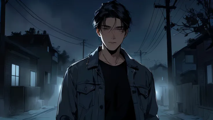 A handsome young man. Mid twenties. Black hair. Detailed drawing of the face. He has a tense expression on his face. He is wearing a jacket and jeans. He is standing alone in the depths of a residential area. It was night, and an eerie mist was surrounding...