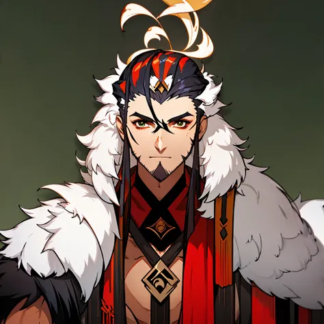 masterpiece, best quality, simple background, white background, portrait, solo, 1man, tall man, white military masters clothes, slightly bare chest, inconspicuous scars on the chest, green eyes, black hair gradient, red scarf-fur coat on the shoulder, Vark...