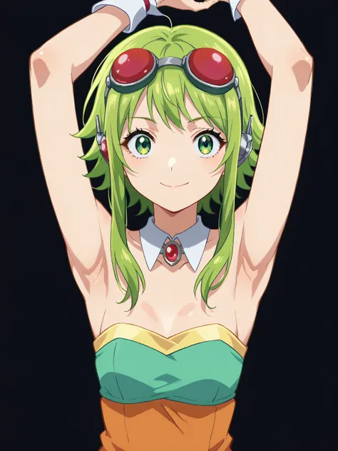 score_9, score_8_up, score_7_up, source_anime, anime screencap, black background, gumi, green eyes, green hair, medium hair, sid...