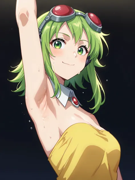 score_9, score_8_up, score_7_up, source_anime, anime screencap, black background, 1girl, solo, gumi, green eyes, green hair, med...