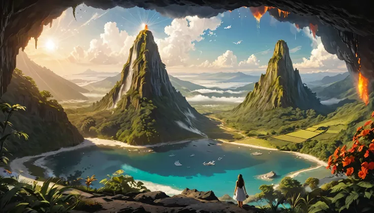 Namaste. person meditating. loose clothes. Beautiful landscape of an enchanted valley, with a volcano. Mystical and dreamlike world. Symbols of nature. Sense of Vastness. Intricate details. Cinematic lighting