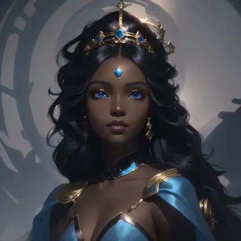 a close up of a black woman, Dark skin, blue eyes, with a crown on his head, charlie bowater character art, Charlie Bowater&#39;s art style, neoartcore e charlie bowater, germ of art julie bell beeple, charlie bowater deep rich colors, alphonse mucha e ros...