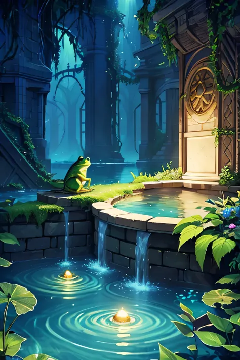 The frog dives into the deep, dark water of the well, surrounded by mysterious shadows and rippling waves. In the background, the princess watches anxiously as the frog retrieves her golden ball. The well is ancient and overgrown with vines, adding a touch...