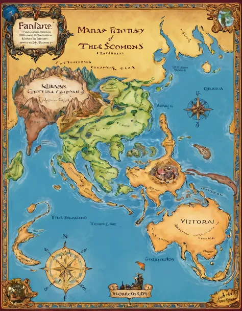 Create a map of the fantasy world. with 6 continents